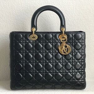 Christian Dior Lady Dior Large Black Lamb Leather Top Handle Tote